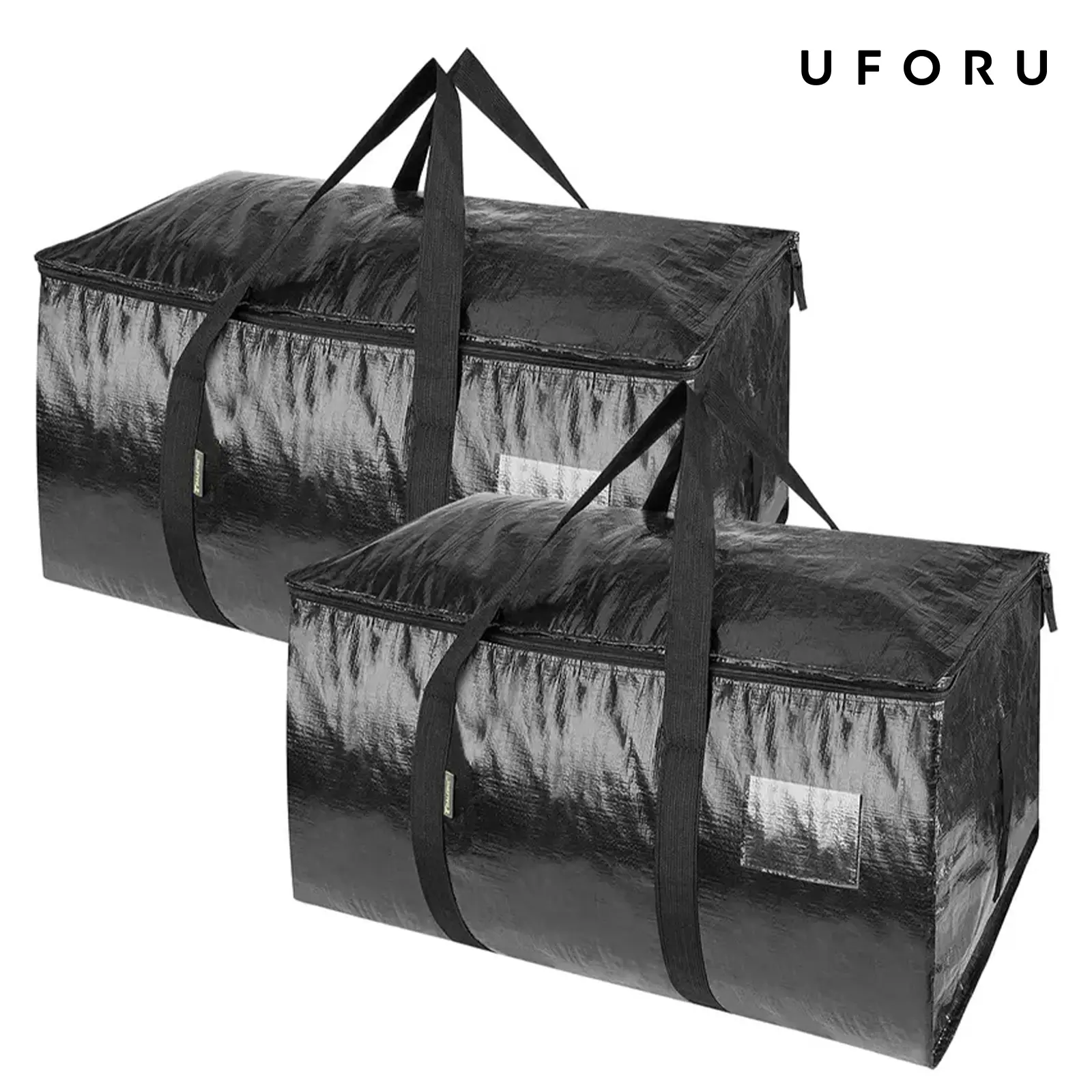 UFORU Eco-Friendly Foldable Expandable Storage Boxes, 2-Pack/6-Pack Black Large Heavy-Duty 85L PE Woven Totes with Full-Open Zipper, Label Window, Reinforced Handles, Bedding Organizer for Moving, Dorm#SummerWins#DFYD