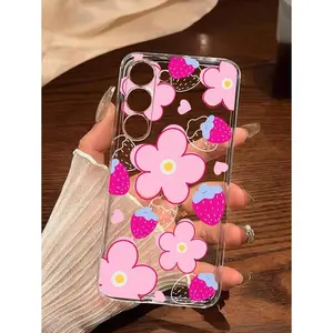 1pc Fashionable Strawberry Pink Floral Transparent ,Compatible Samsung Galaxy Series A54/A53/A52(A52S Compatible)/A34(5G)A32(5G)/A14(5G)/A13 5G/A04S/S21/S21U/S22/S22U/S23/S23+/S23U And S24 Series A15/A35(5G)/A55(5G)/A25(5G), Anti-Fall Scratch Resistant
