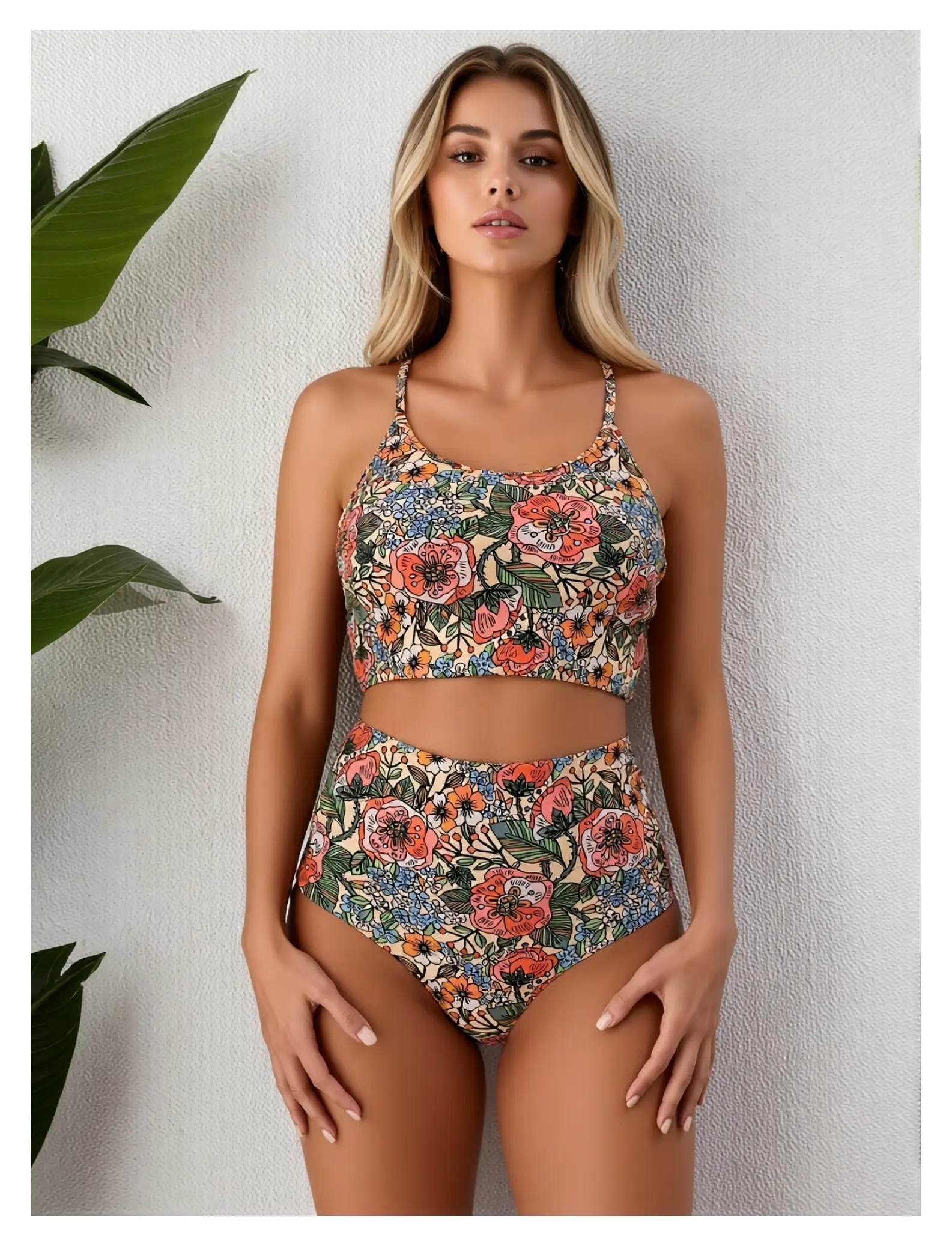 Women's Floral Bikini Tankinis Set - 2-Piece High Waisted Swimwear with Crop Top, Adjustable Straps, Cute Vintage Print for Beach Use, Floral Bikini Women's Tankinis Set