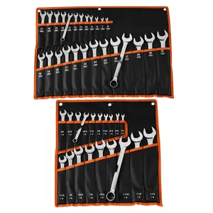 44-Piece Combination Wrench Set With SAE And Metric Wrenches, 12-Point Box Ends And 15-Degree Angled Open Ends, Roll-Up Pouch, Carbon Steel, Ideal For Home Garage, Auto Repairs, And General Maintenance