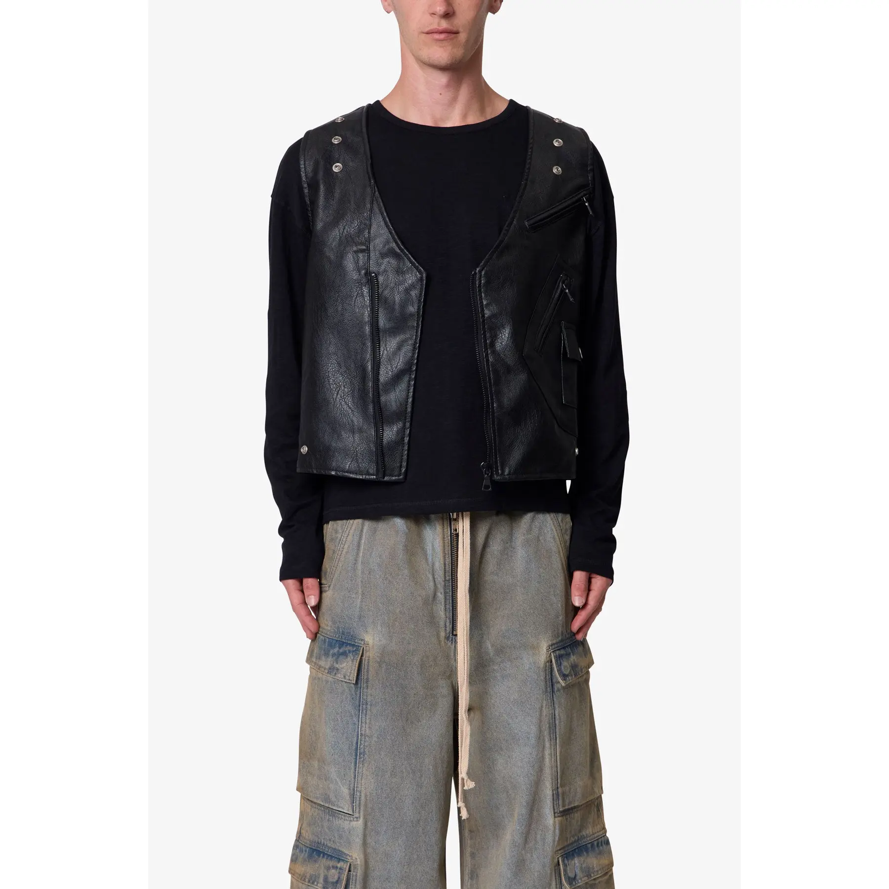 mnml Leather Zipper Vest - Black