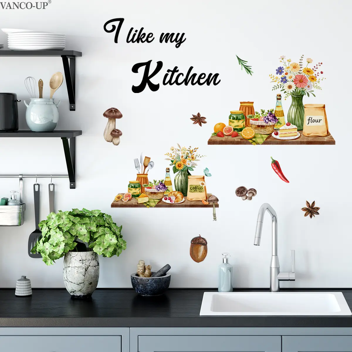 1 Pc 30×60cm "I Love My Kitchen" Wall Sticker Watercolor Kitchen Food & Floral Sticker Self-Adhesive Kitchen Home Decor Art Stickers Floral Wall Decals