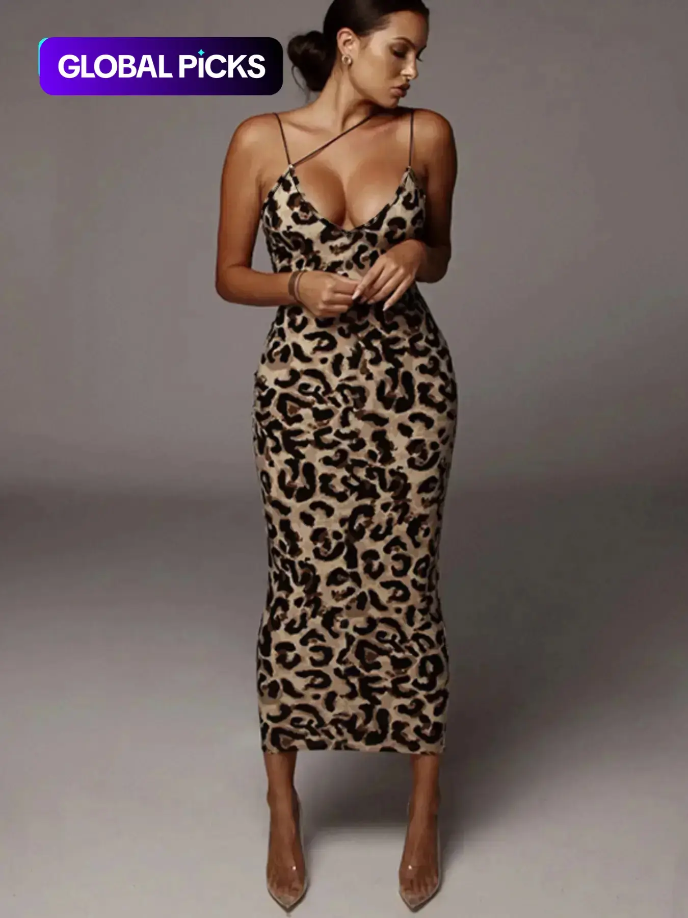 Women's All Over Leopard Print Asymmetrical Cami Dress, Elegant Sleeveless Spaghetti Strap Bodycon Fit Dress for Party Club Night Out, Fashion Chic Sundress, Ladies Summer Clothes, Midi Dress, Womenswear (Light&thin fabic）