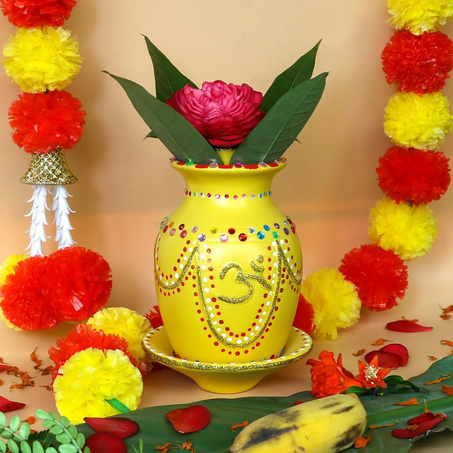 Yellow Ceramic Kalash Pooja Decor- Includes Plate & Diwali Diya Glitter OM Lota Hindu Spiritual Religion Gifts for Wedding Diwali Housewarming Engagement Indian Pooja Item for Home Temple Mandir Altar