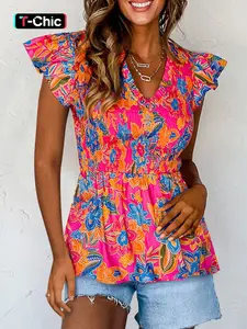 Summer Fashion Boho Floral Print Elastic Ruched Pleated Fly Short Sleeve Top, Women's Casual Loose Fit Blouse, Shirts, Stylish and Comfortable, Bohemian