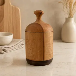 Hand Turned Figured Maple Lidded Box with Walnut Base, 4.25 x 7.5, tea bag storage, key holder, catchall, kitchen canister