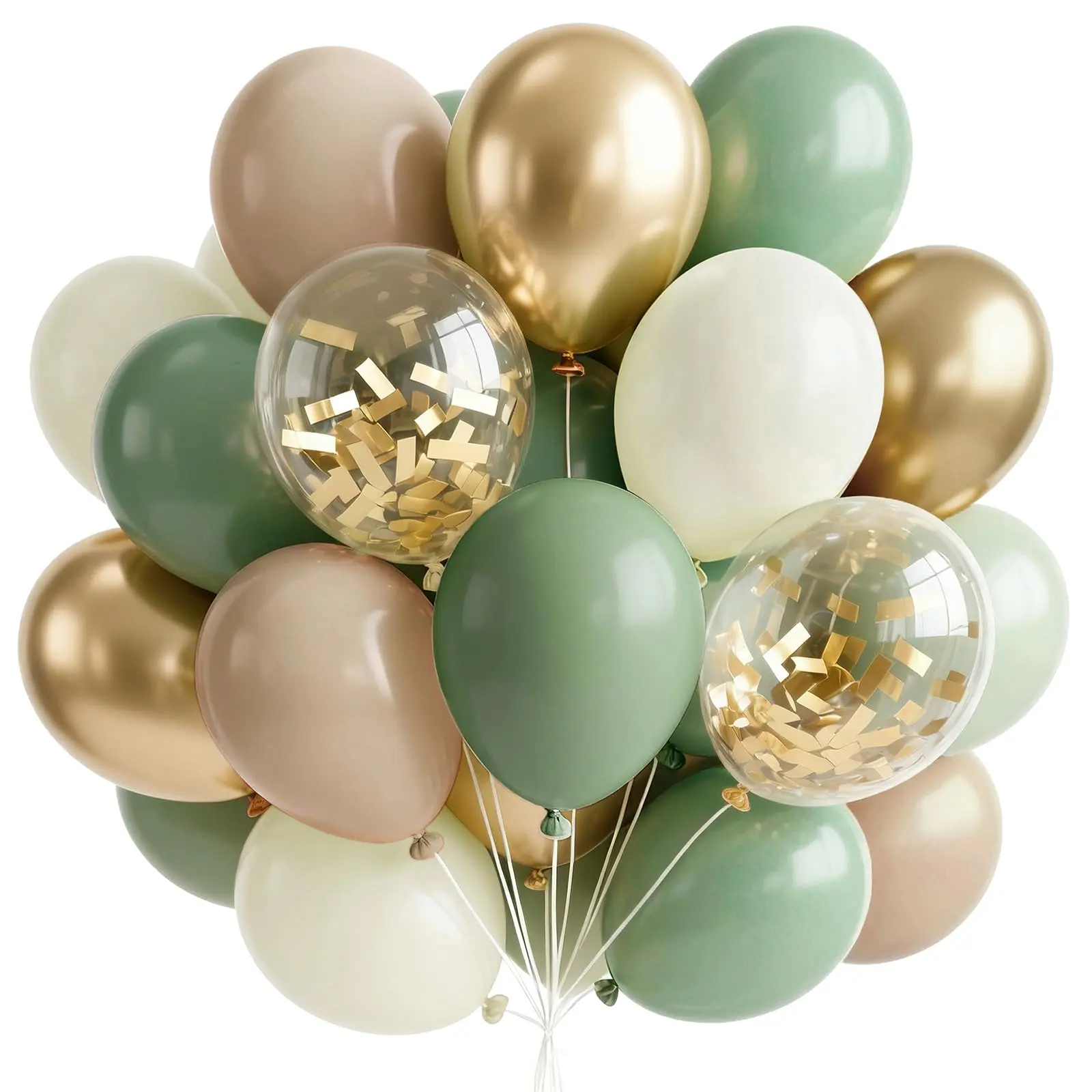 PartyWoo Thick 66pc Balloon Garland Kit - 12-Inch Sage Green, Metallic Gold Shine, Sand White, Light Brown, Confetti, Floatable Balloons, 66pc Party Set for Birthday, Gender Reveal, Baby Shower Ready Decorations, Graduation Decoration