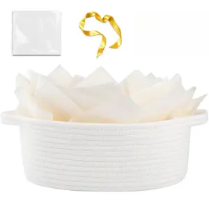 Woven Basket with Gift Basket Set,Gift Basket with Handle, Small Woven Burr Basket with Gift Bags and Ribbons,12"x 8"x 5"White Woven Storage Basket Organizer