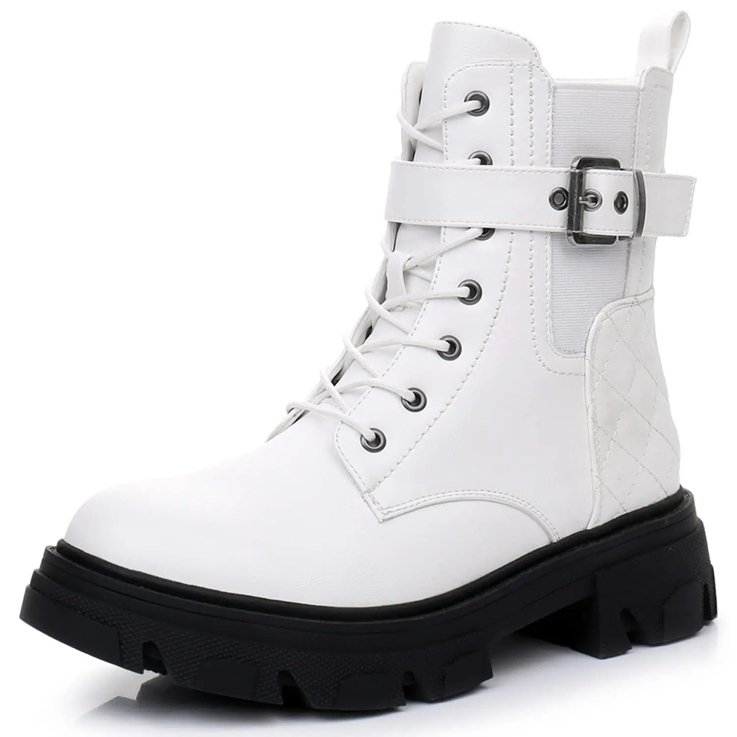 GLOBALWIN Women's Combat Boots Lace Up White Boots For Women Ankle Booties Comfortable Lug Sole Chunky Low Heel Size 11M