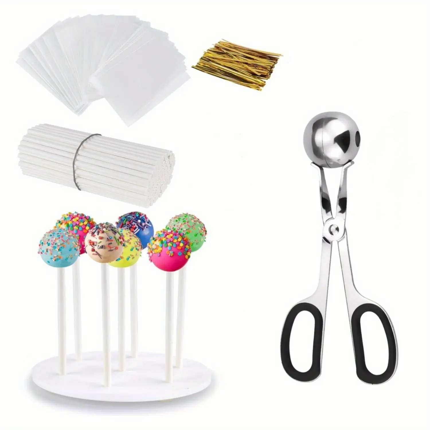 Lollipop Cake Pop Treat Bag Kit, Including 100pcs Cake Pop Sticks, 100 Parcel Bags, 100 Twist Ties and 1 Cake Pop Mold, Maker Tools for Lollipops, Candies, Chocolates, Cookies
