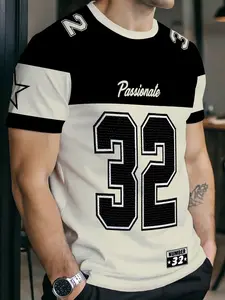 Men's American Football Style T-Shirt, Passionate32 Number Print, Short Sleeve, Slim Fit, Casual Long Top, All Seasons Streetwear