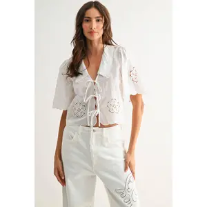 Embroidered Cropped Blouse with Tie Front