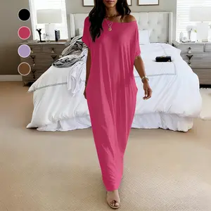 Women'S Solid Color Short Sleeves Long Nightgown, Loose Home Dress with a Large Round Neck, 2 Pockets, Slightly Stretchy Fabric,