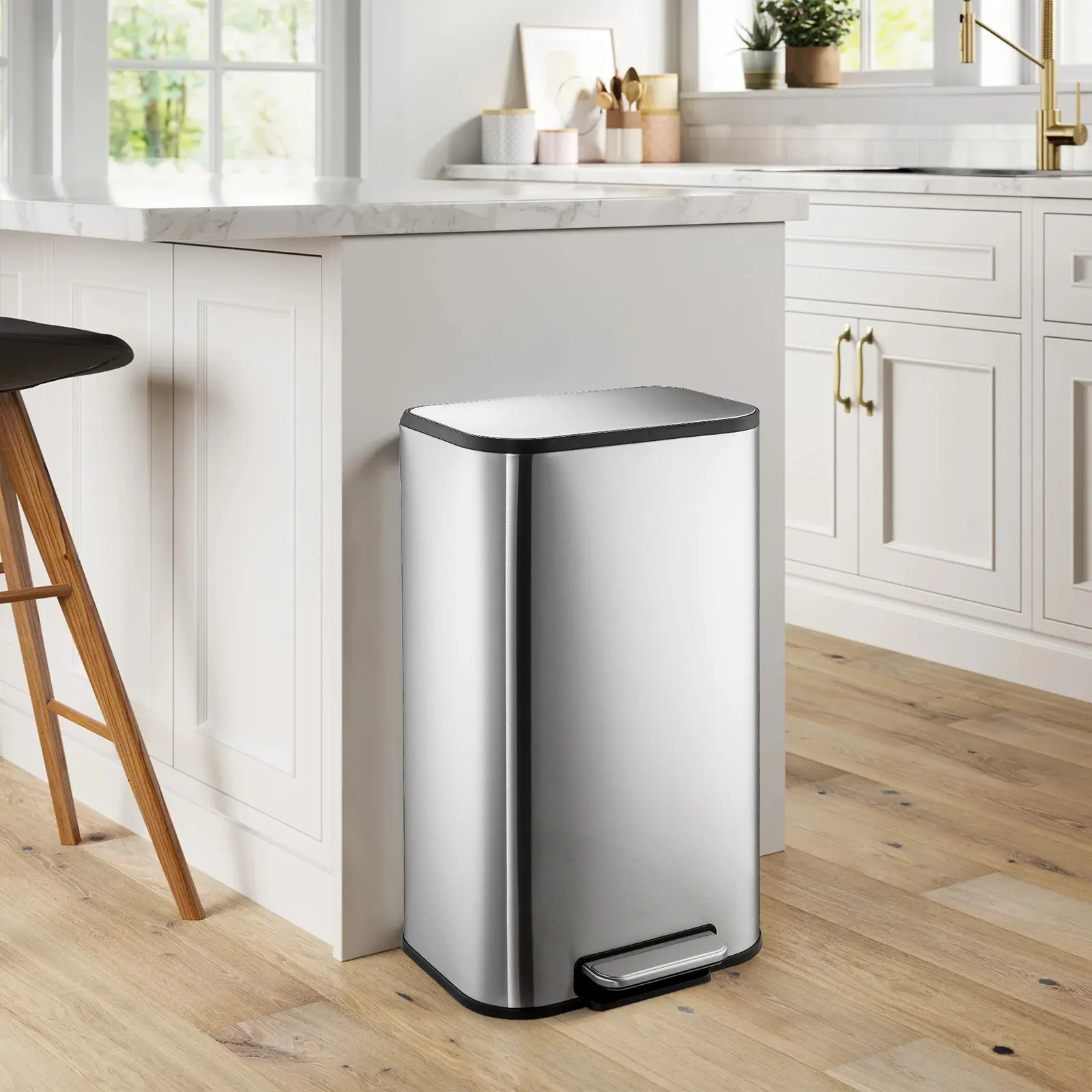 13 Gal Stainless Steel Trash Can with Soft-Close Lid, Fingerprint-Proof Kitchen Trash Can with Removable Inner Bucket, Rectangular Step Waste Bin for Home, Office, Trash Cans For Kitchen