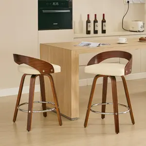 Swivel Bar Stools Set of 2, Counter Stools with 25'' Height Seat, Mid Century Modern Bar Chair Island Stool with Soft Cushion Seat, Pu Leather Upholstered Bar Chairs with Low Back & Footrest for Kitchen, Dining Room, Beige+Walnut