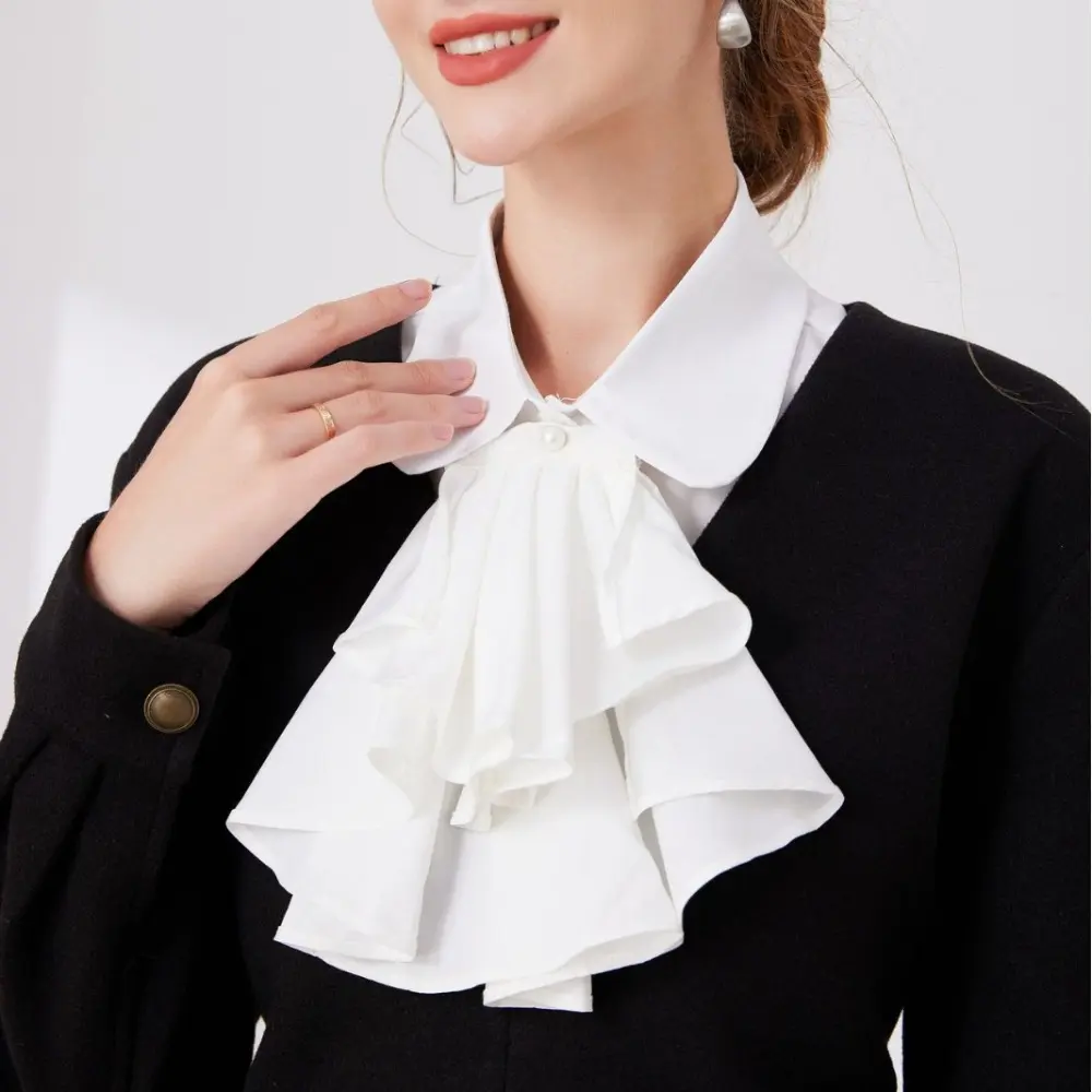 Vintage Ruffled Jabot Collar, Detachable White Faux Shirt Collar, Elegant Court Style Decorative Neckpiece with Ruffles and Pearl Detail