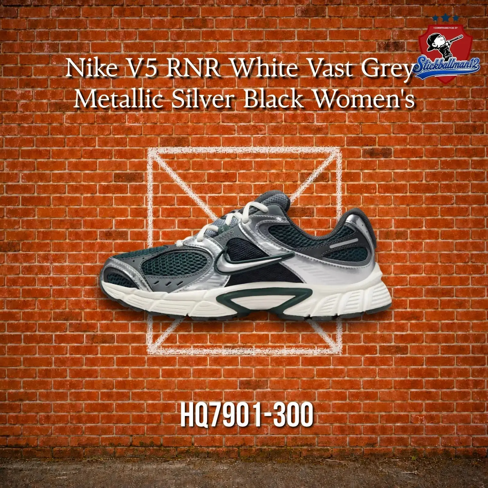 Women's Nike V5 RNR Athletic Everyday Sneaker - White, Vast Grey, Metallic Silver, Black - Casual Wear, Female Size, Trainer Look - HQ7901-300