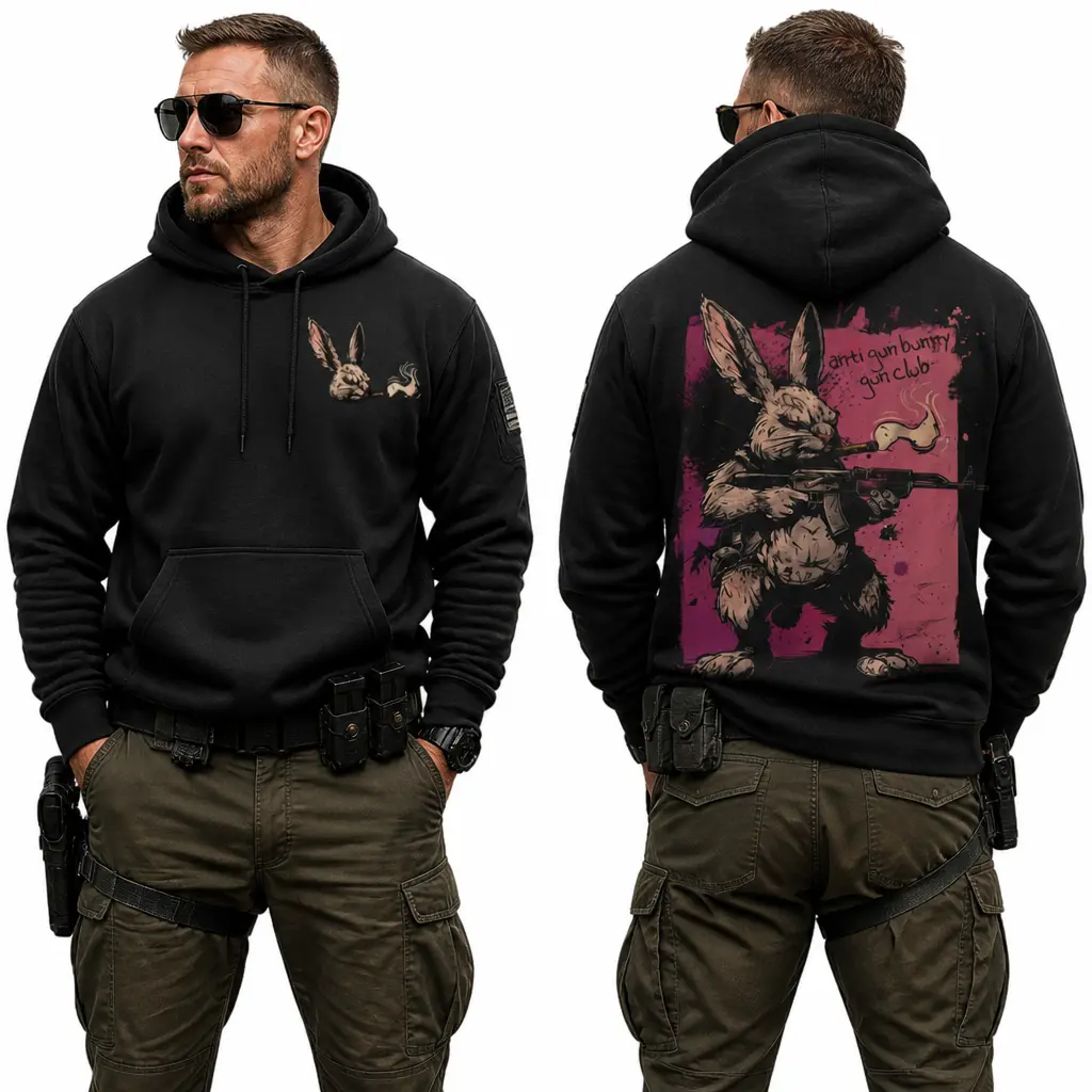 Anti Gun Bunny Gun Club Tactical T-Shirt Hoodie Sweatshirt, Smoking Rabbit Rifle Graphic Tee, Dark Humor Bunny Shooter Shirt for Range Fans, Veterans, Hunters, Tactical Men and Edgy Streetwear Lovers