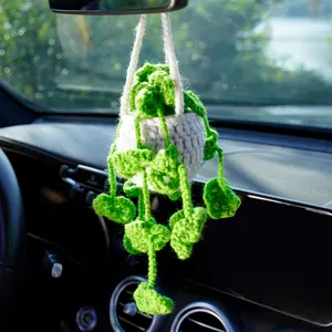 Crochet Handmade Green Plant Car Hanger,Potted Plant Crochet Car Accessory,Plant Pot Car Hanging,1 Count ldeal Crochet Rear View Mirror Car Hanging,Plant Car Hanger,Car Decor