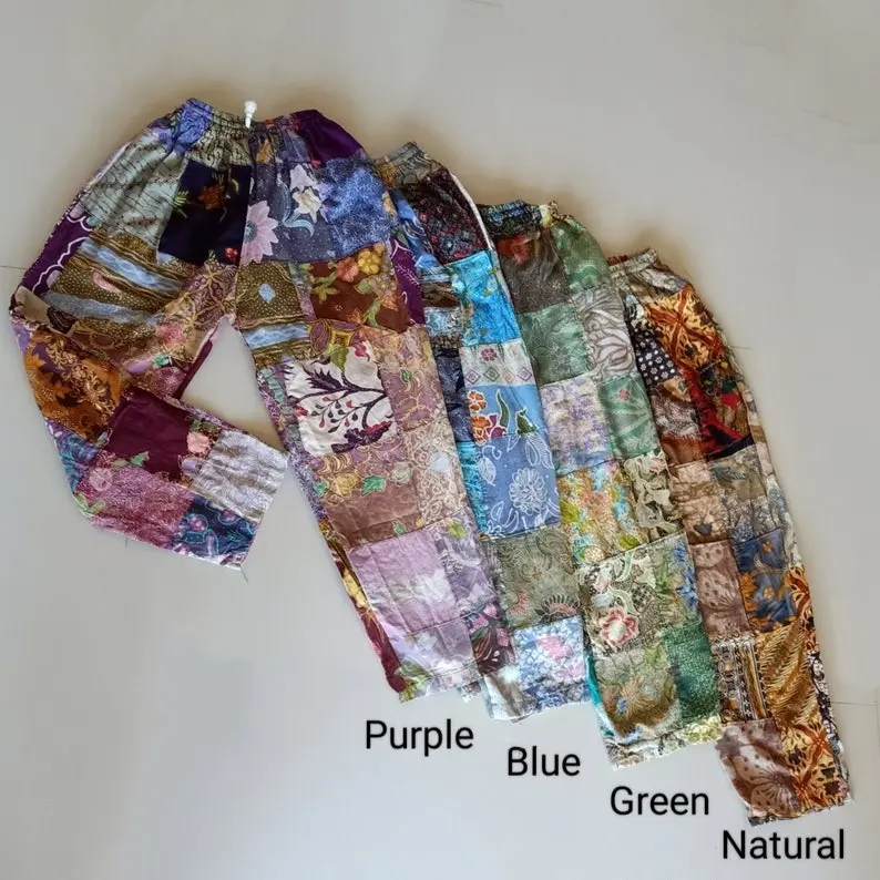 Patchwork Pants by Lotus Tribe 100% cotton upcycled gender neutral hippy style handmade pants. Elastic waist 2 side pockets.