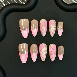Hailey's almond shinny pink butterfly french tips luxury acrylic handmade press on nails A2
