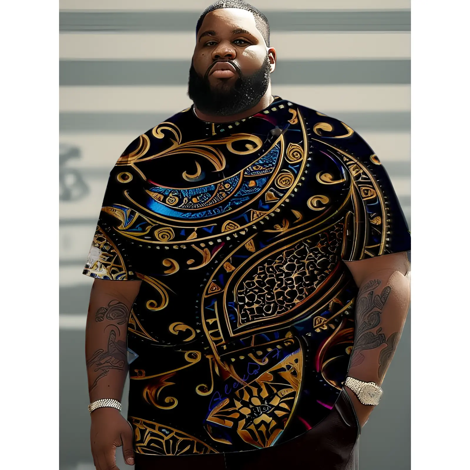 Men's Plus Size African Geometric Print Dashiki Shirt - Adult, All Over Print, Crew Neck, Golden & Blue Patterns, All Seasons, for Cultural Events & Casual Wear, Traditional Sports & Outdoor Top, Xxxxl, Drop Shoulder, Knit, Do Not Dry Clean, Machine Washa