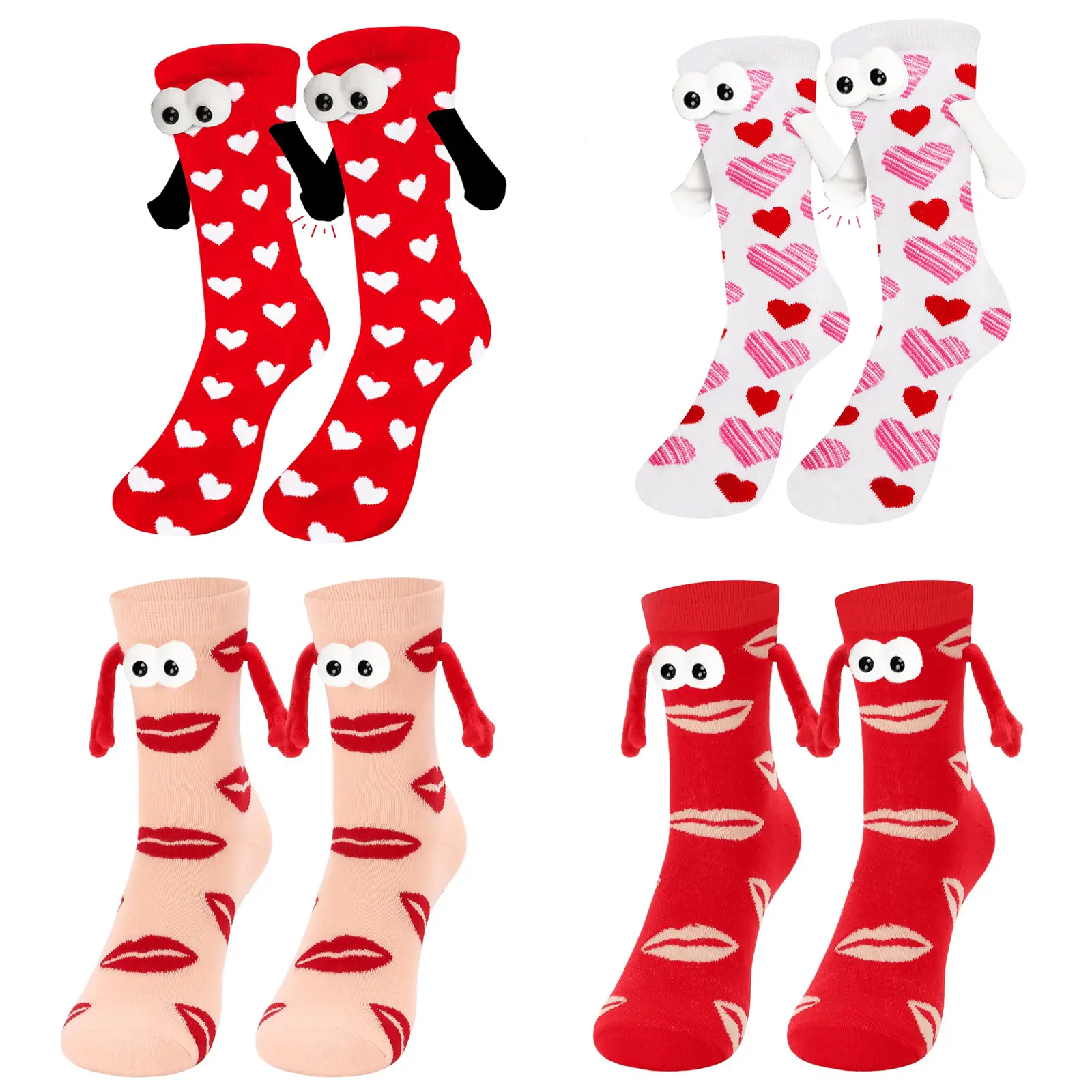 4 Pairs Funny 3D Socks for Couples, Cotton Mid-Calf with Magnetic Holding Hands, Comfortable Fit, Heart Pattern Anniversary Gift, Birthday, Women, Cute, Soft