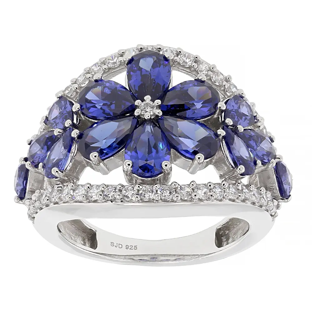 JTV White and Blue Cubic Zirconia Rhodium Over Sterling Silver Ring 6.85ctw