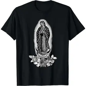 ✨   [100% Cotton] [100% Cotton] Black T-Shirt With Classic Our Lady Of Guadalupe Artwork And Floral Details