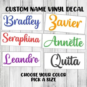 Custom Name Vinyl Decal Personalize Cute Cursive Lettering Sticker Organizer, Bottles, Cups, Canister, Tin, Laptop, Luggage, Car, Truck, Window, Wall