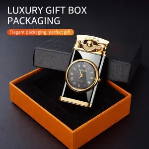 Vintage Clock Face Cigar Lighter Refillable, Adjustable Blue Torch Flame Refillable Butane Lighter with Analog Watch Design, Retro Luxury Lighter Gift for Men