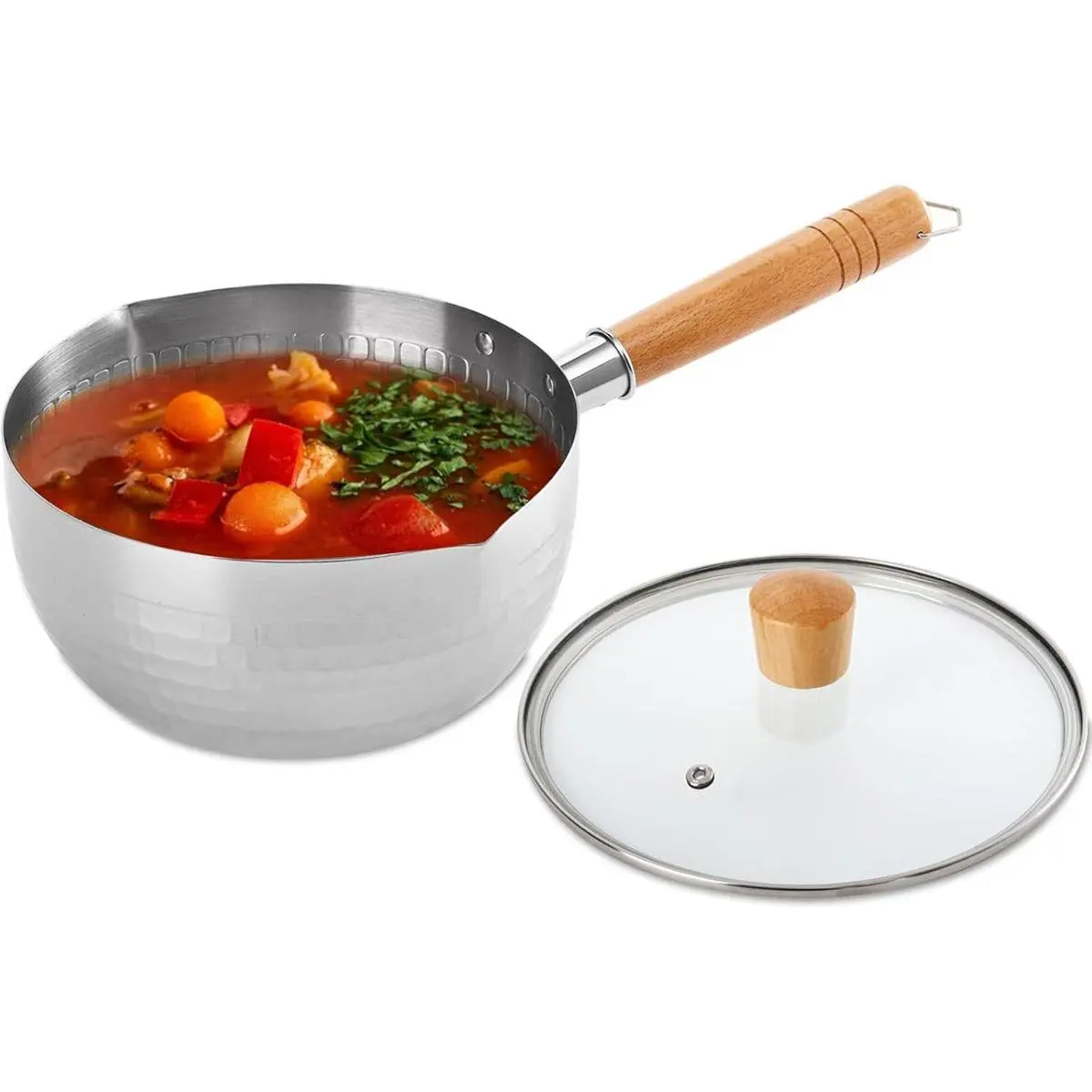 Stainless Steel Saucepan with Glass Lid, 2 Quart Yukihira Sauce Pan with Wood Handle, Traditional Japanese Snow Pan Pot with Two Side Spouts for Cooking, Noodles, Soups, Hot Milk, 8"