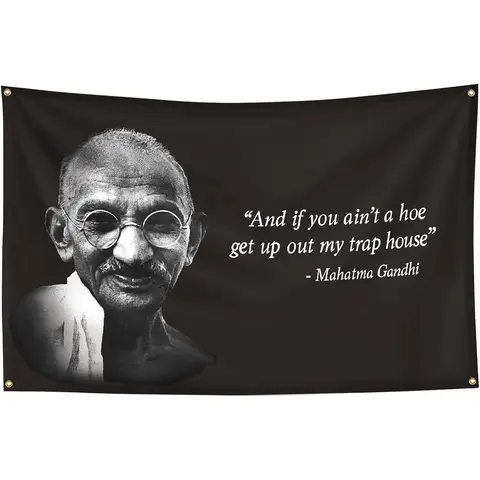 3x5ft Rectangular Polyester Mahatma Gandhi Trap House Funny Satirical Meme Banner - 4 Golden Grommets, Heavy-Duty Standout Letters, Photorealism Design, Bedroom Dorm Decor, College Dorms Wall Hangings, Bonfire Supplies, Quirky Gifts, Indoor Use