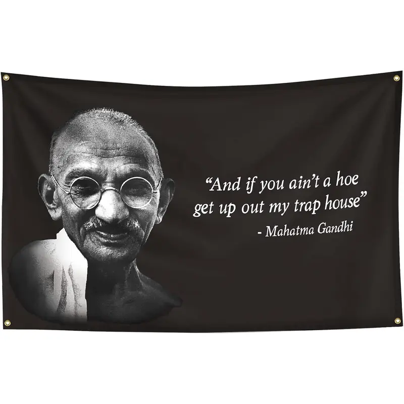 3x5ft Rectangular Polyester Mahatma Gandhi Trap House Funny Satirical Meme Banner - 4 Golden Grommets, Heavy-Duty Standout Letters, Photorealism Design, Bedroom Dorm Decor, College Dorms Wall Hangings, Bonfire Supplies, Quirky Gifts, Indoor Use