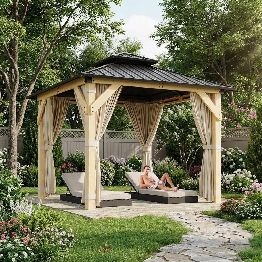Garvee 10x10 FT Hardtop Wood Gazebo - Double Metal Roof, Heavy-Duty Spruce Frame, Outdoor Canopy with Netting & Curtains, Lounge Mosquito Control Solutions, All-Weather Patio Pavilion, Khaki