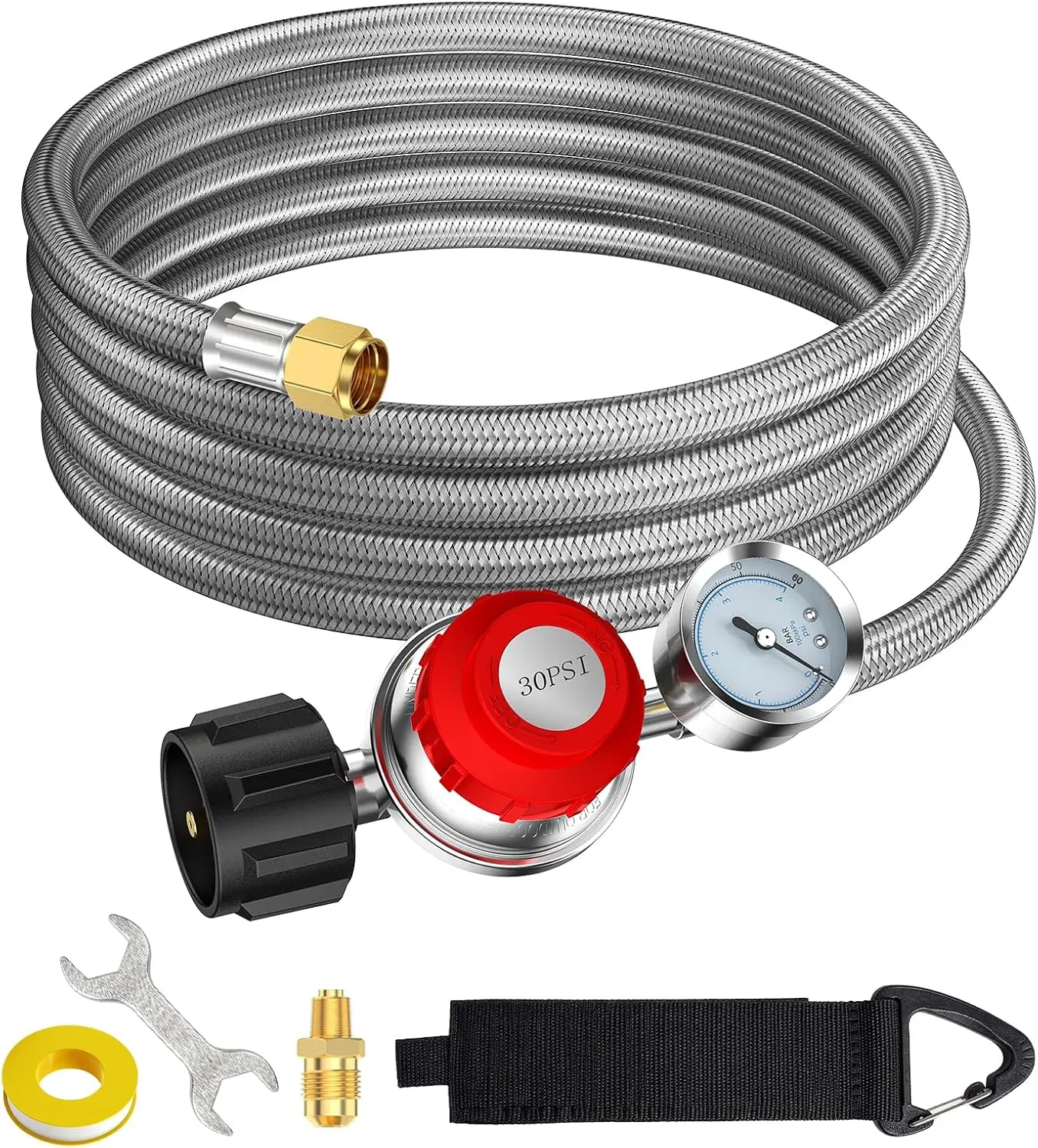 Alloxity 12FT 0-30 PSI Adjustable High Pressure Propane Regulator with Gauge,Stainless Propane Regulator with Hose QCC1 with 3/8 Flare x 1/8 MNPT Fits for Turkey Fryer,Propane Burner,Fire Pit, Forge