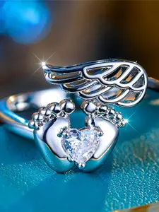 Cute Female Small White Adjustable Open Heart Design Ring Angel Heart Wing Engagement Wedding Jewelry For Women Adjustable Open Rings