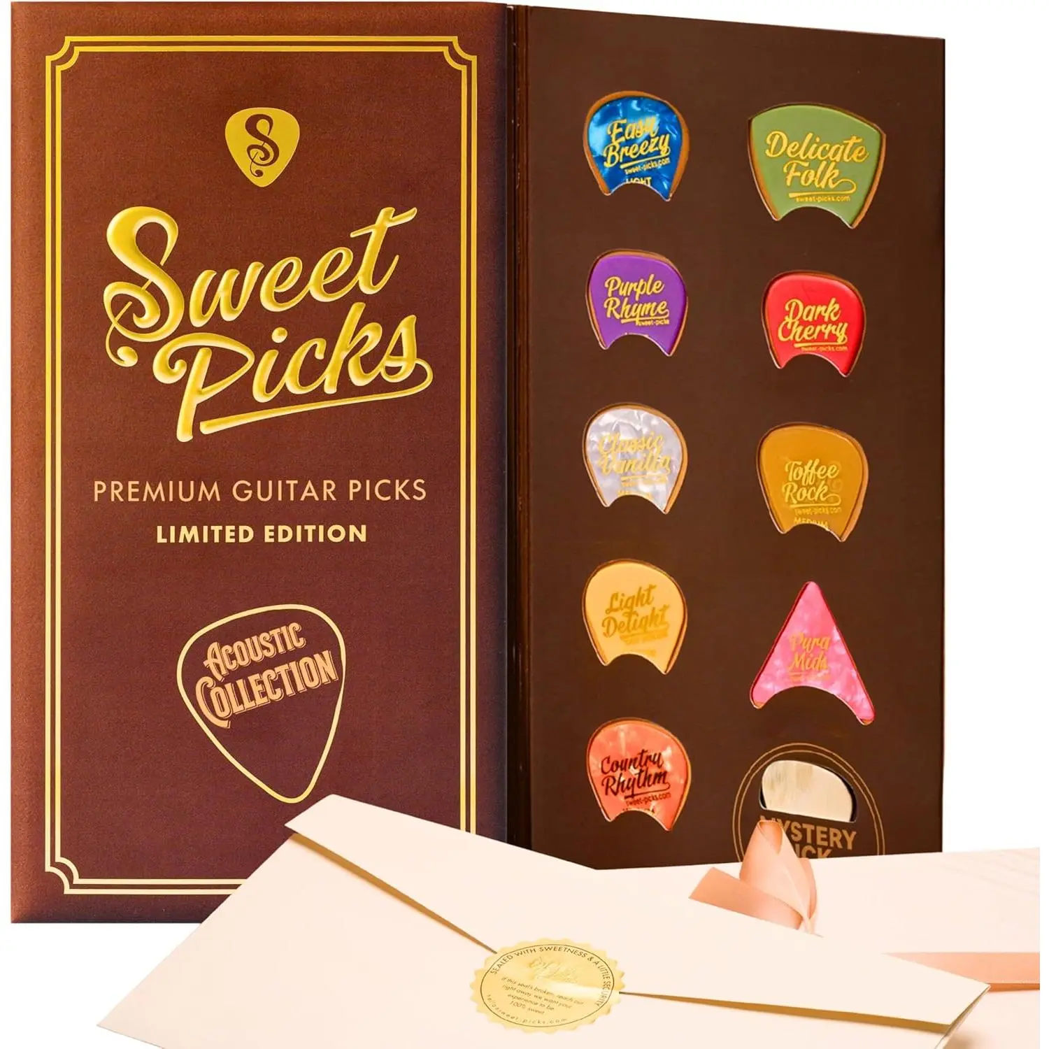 Acoustic  Picks Sampler in Signature  Pick Holder |   with Play Style Guide | Includes Thin Medium Heavy |  for Beginners &  Lovers | Acoustic Collection