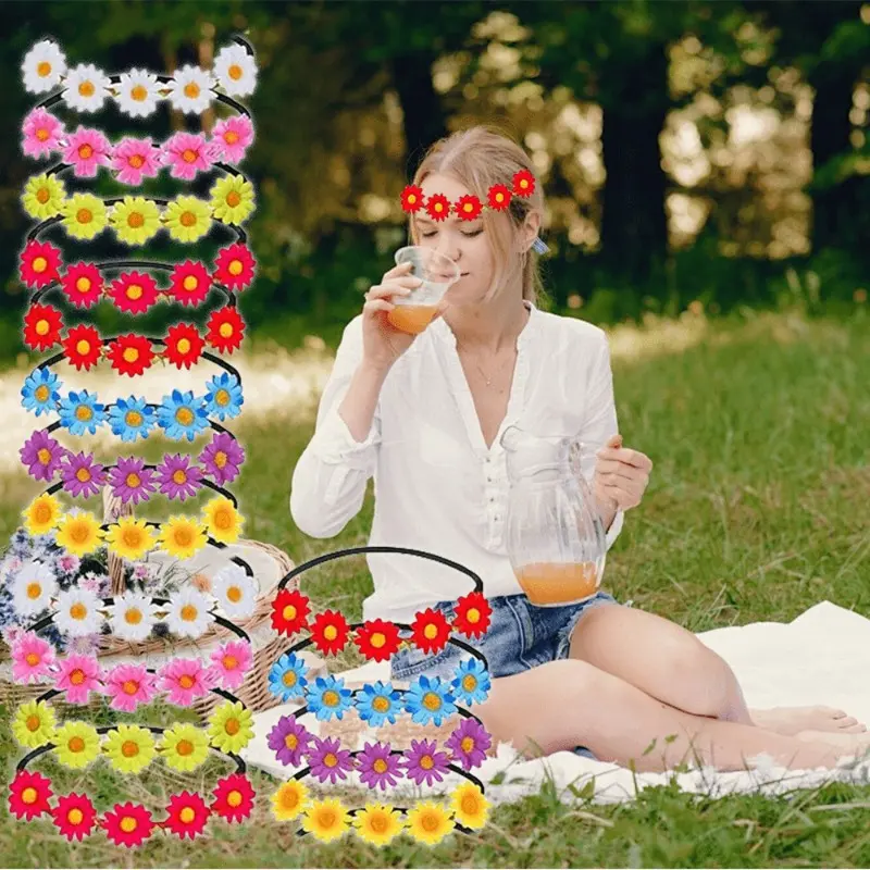 16pcs Carefully Crafted Female Daisy Floral Crown Headbands, Adjustable Braided Rope Sports Headwear, Non-slip Plastic Garland with Soft Synthetic Faux Leather, 8 Different Colors, for Birthday, Nurse Scarf Head Wrap Band, Party