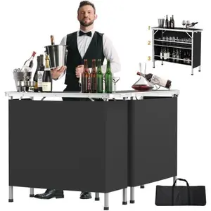 summervibes Black Aluminum Alloy Outdoor Folding Bar Table Rectangular with Railing Fabric 110.5x38x88cm 30kg Camping Bar Table