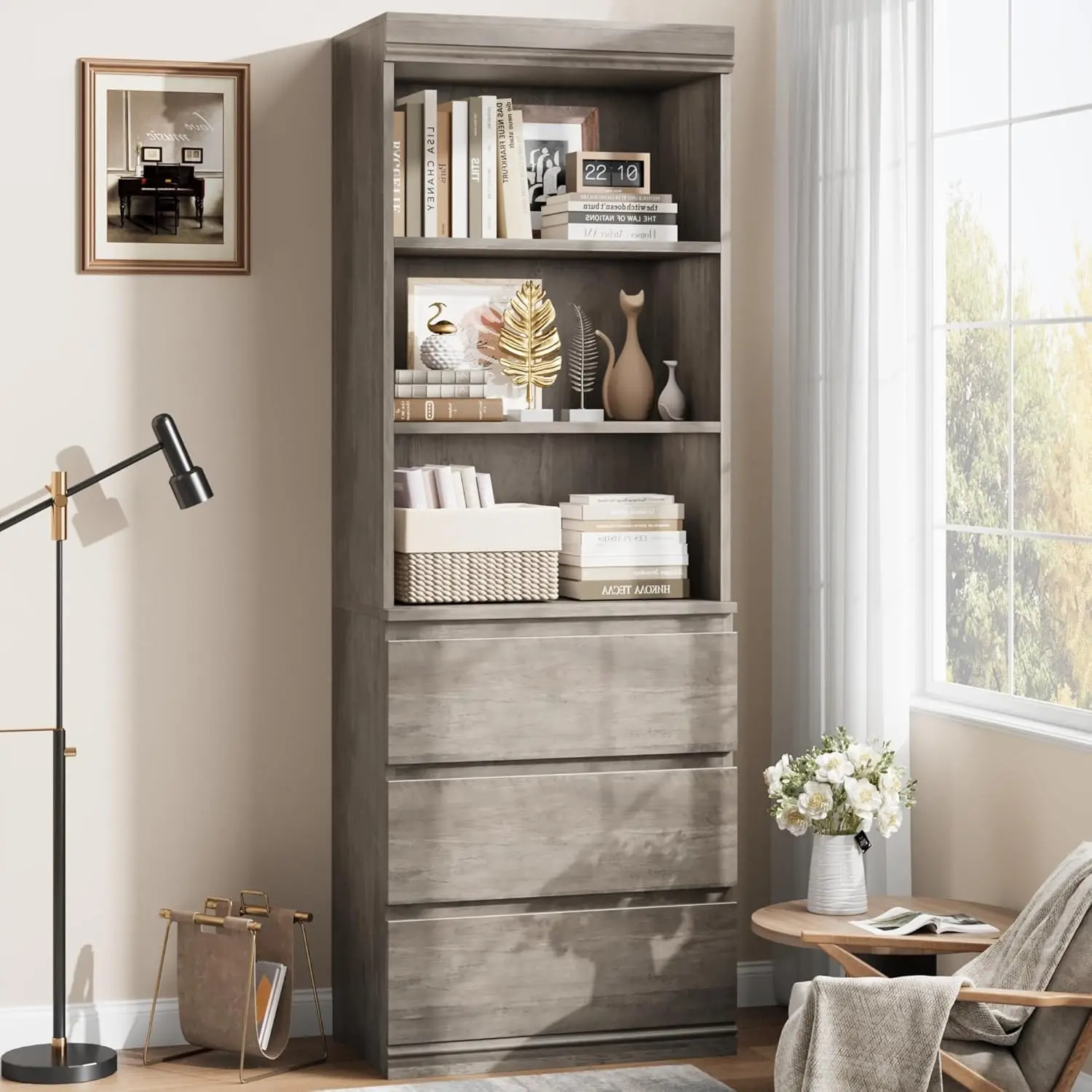 Bookcase with Drawers - Tall Bookshelf Farmhouse Bookcases Wooden Deep Bookshelves Storage Cabinet Organizer for Living Room/Study/Kitchen/Home Office - Grey
