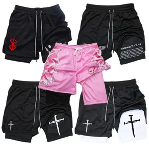 GYM Shorts Cartoon Themed Print Drawstring Waist 2 IN 1 Basketball Short Pants, Sporty Breathable Quick-Drying Athletic Shorts with Pockets, Lightweight Bottoms for Workout Running, Practicality Cycling Fitness Graphical Charm Functional Durable
