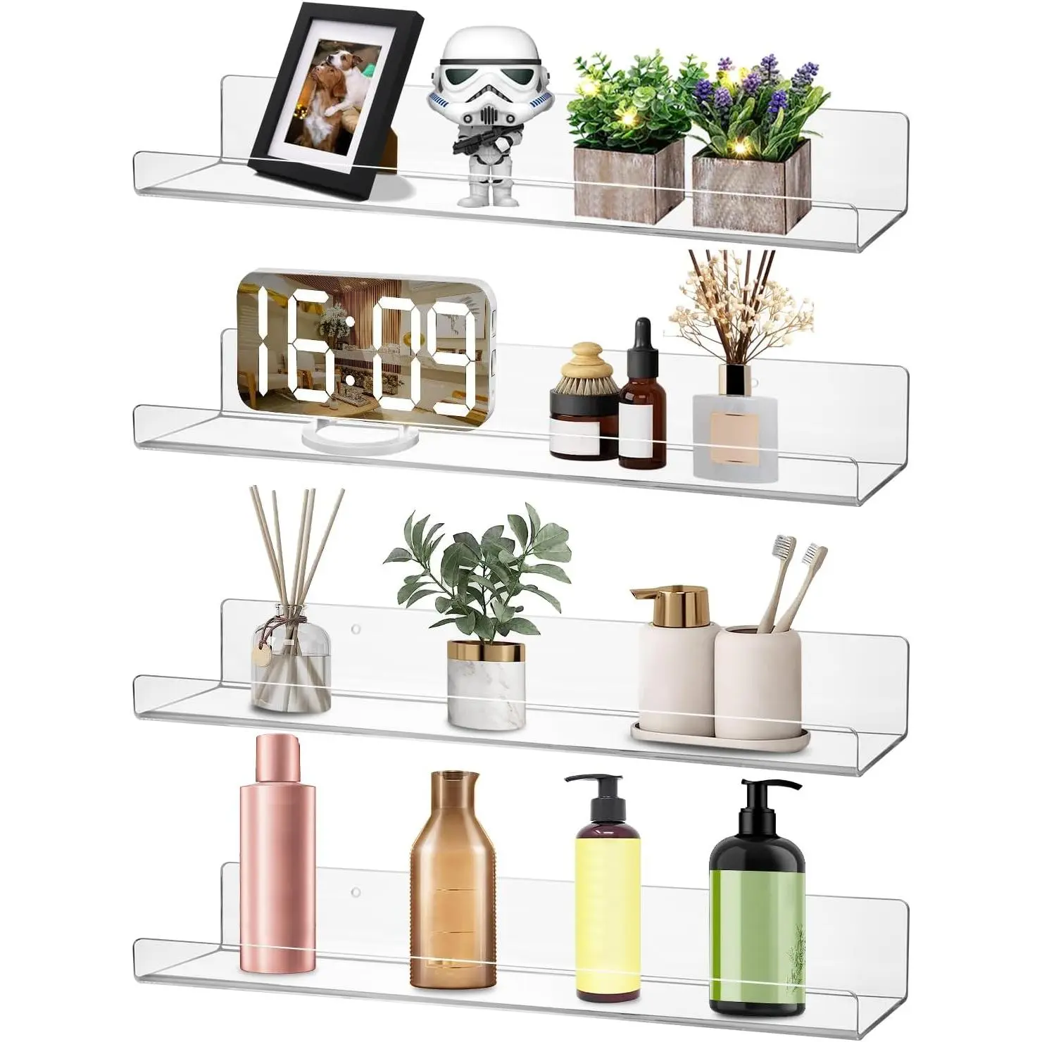 4 Pack Acrylic Shelves for Wall, 15" Clear Acrylic Floating Shelves for Bathroom Bedroom, Invisible Bookshelf Wall Ledge Storage Shelf Books Perfume Toys Action Figure Display Shelves