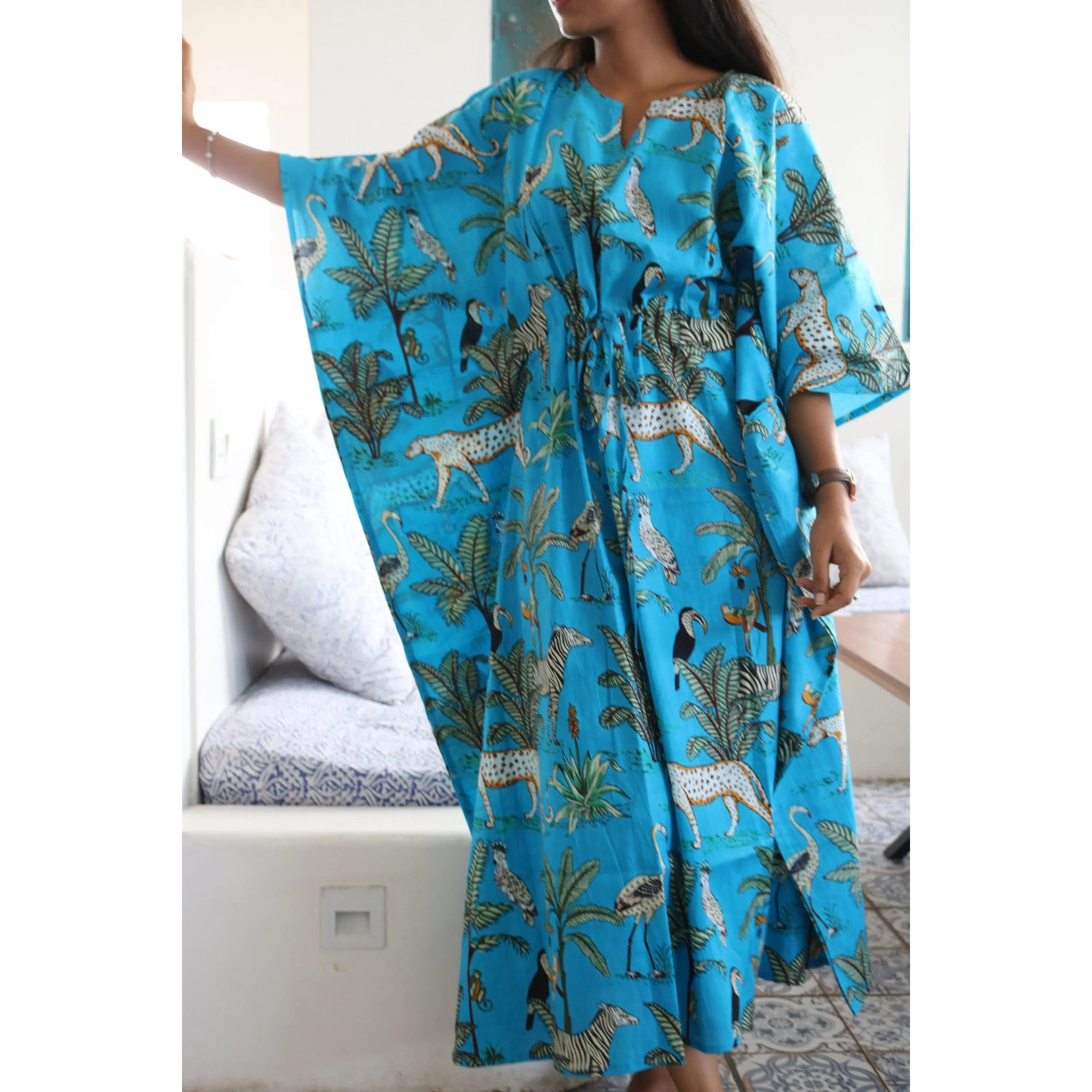 Hand Block Forest Printed Cotton Kaftan in Blue