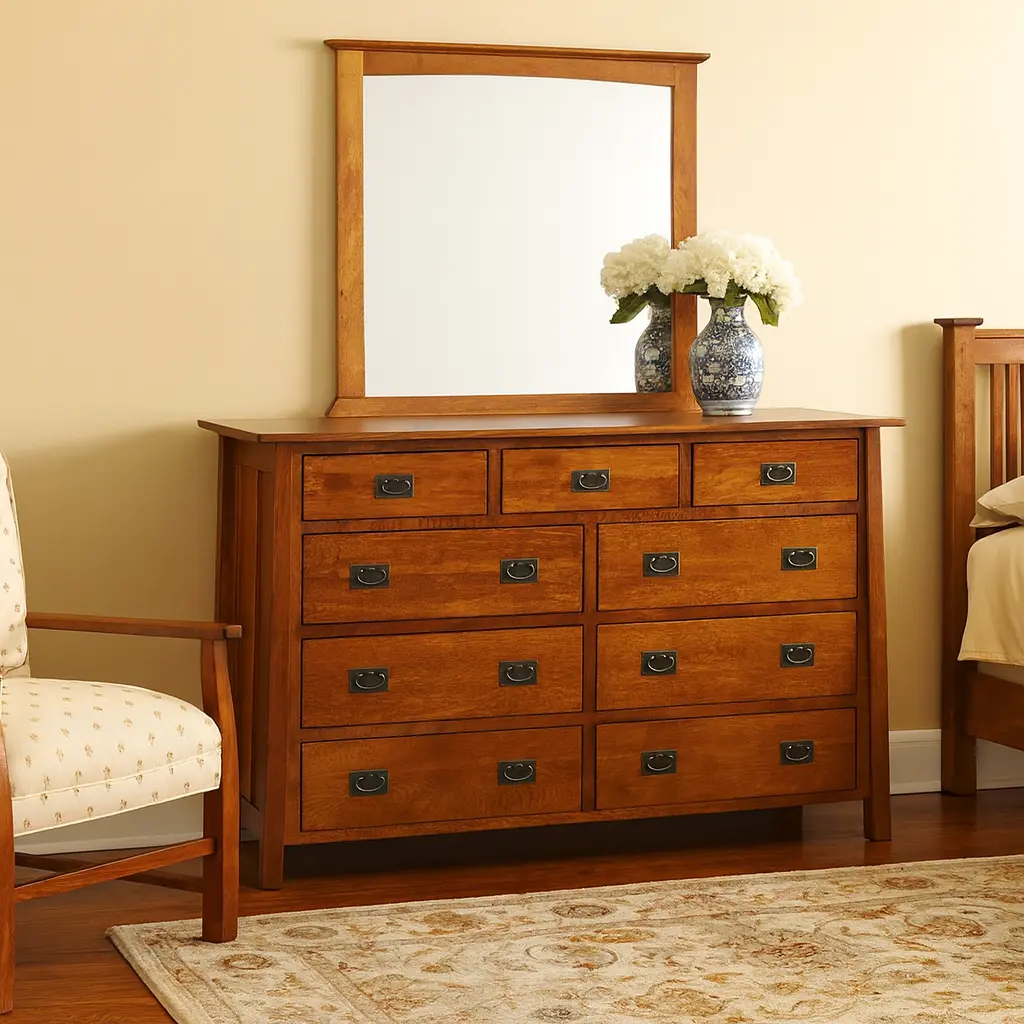 Mission 9-Drawer Michael's Cherry (MC-A) Wood Dresser, Sturdy Hand Rubbed Finish Storage Design Furniture, 70w x 21d x 40h With Drawers Bedroom Furniture, Metal Glides Indoor Cabinet Chest, Matching Mirror (Sold Separately)