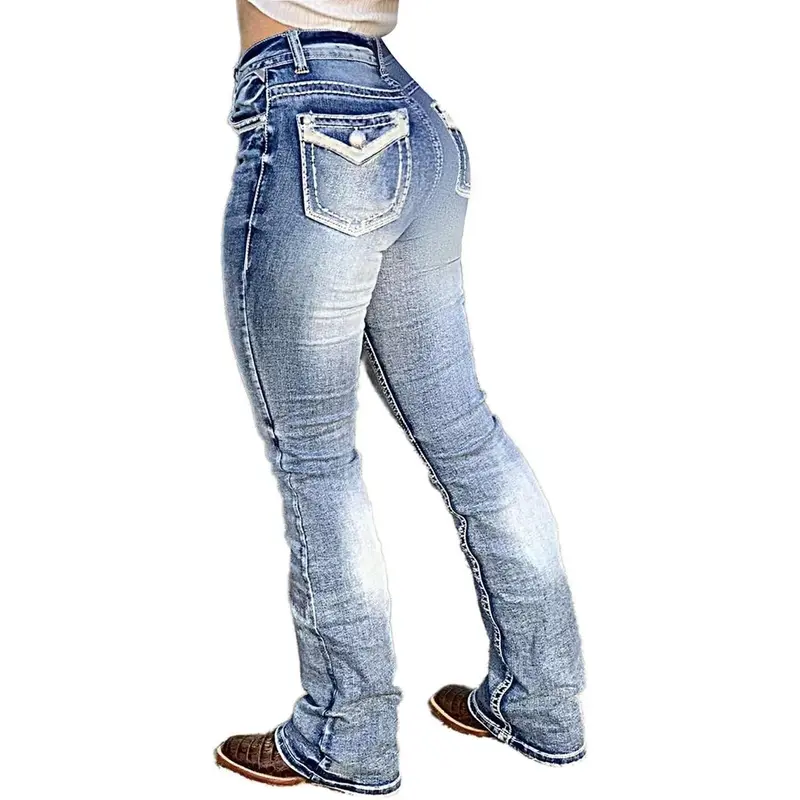 Boot Cut Jeans for Women Trendy Stretch Jeans Butt Lifting Tummy Control Denim Pants Sea Blue