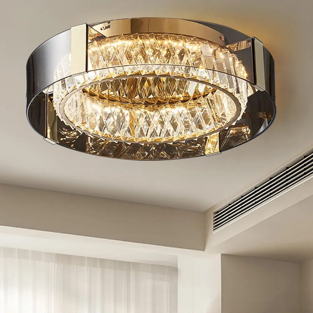 Homary Faceted Crystal Dimmable Dome Flush Mount Ceiling Light - Stainless Steel Elegant Finish, Remote Control, DC Power, 3 Modes (Warm White/Cool White/Neutral), Indoor Lighting Fixture