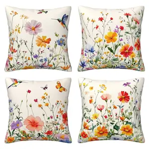 Spring floral pattern pillow cover, colorful floral decoration cushion cover, suitable for sofas and living rooms, 4-piece set with double-sided printing for spring home decoration