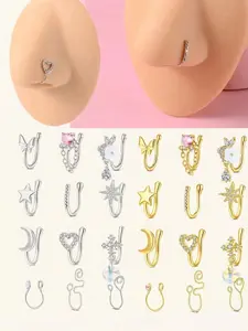 6pcs Non-Piercing Nose Clip Set, Stainless Steel Floral Design, Surgical Grade, Tarnish-Resistant, Casual Daily Wear for Women