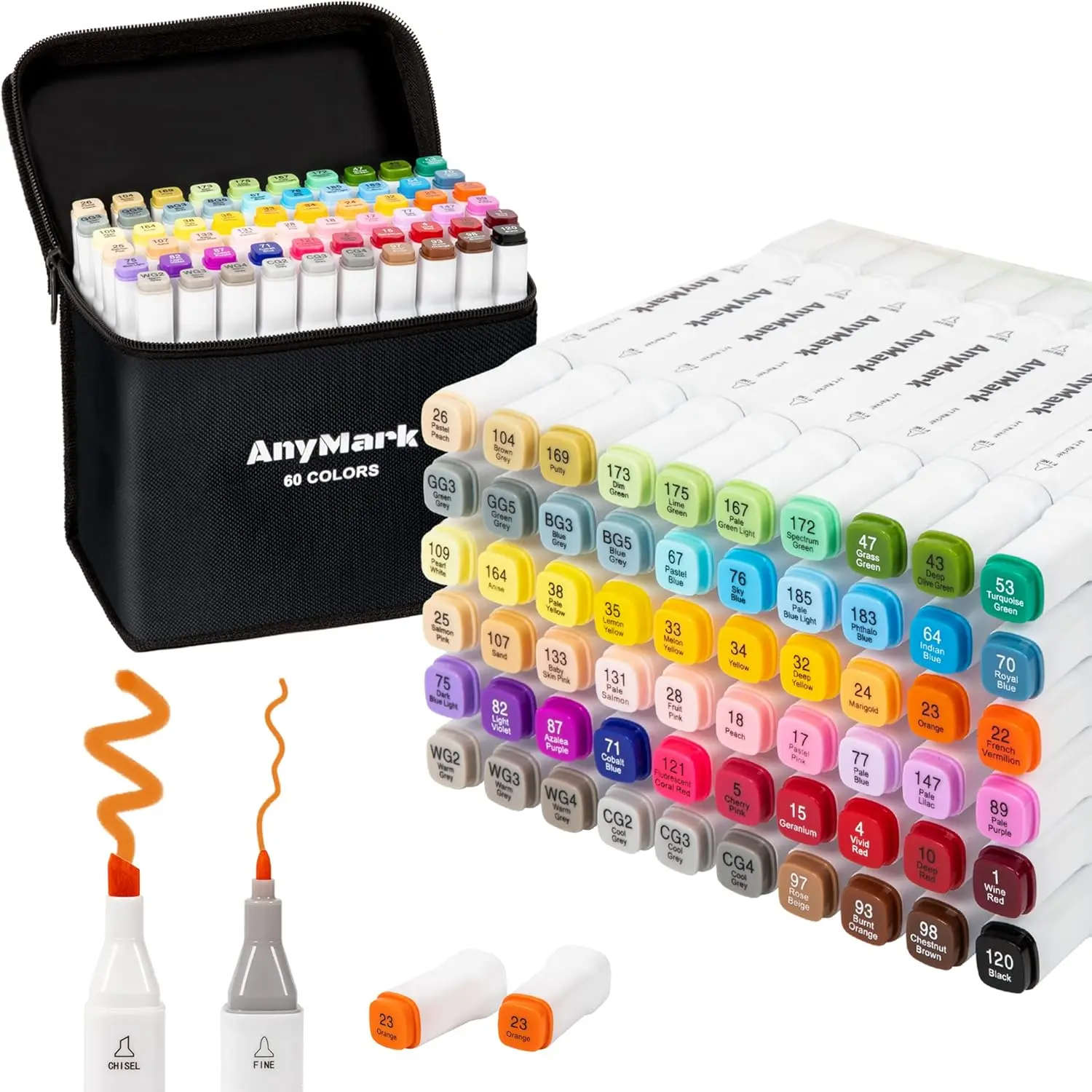 AnyMark Alcohol Markers,   Dual Tip Art Markers Set for Kids Adult Book Drawing Sketching Painting, Chisel & Fine, White Penholder